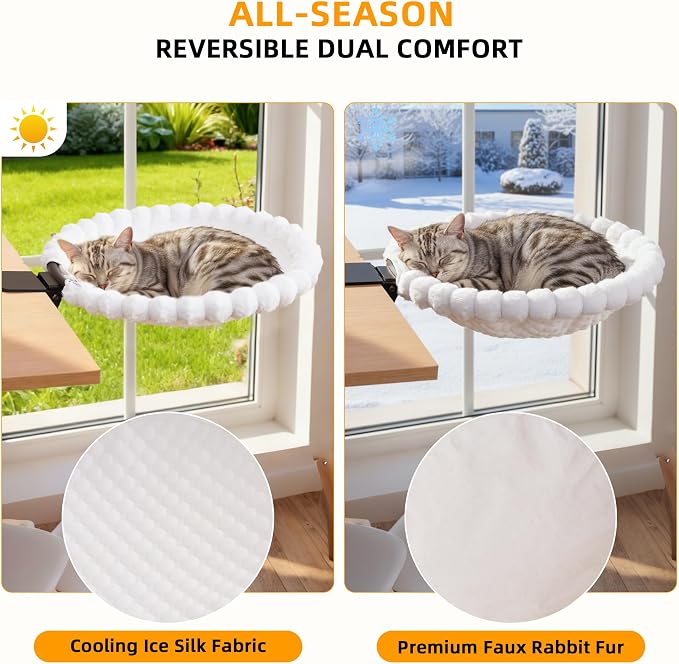 Cat Desk Bed - 2-in-1 Cat Hammock for Desk with Cooling Ice Silk & Premium Faux Rabbit Fur, 180° Foldable Space-Saving Cat Bed, Heavy Duty Anti-Tilting Clamp Holds Up to 40 lbs, Washable & Reversible - Image 3