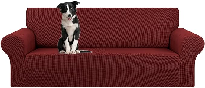 KEKUOU Stretch Oversized Couch Covers for Sofa Slipcover,Dark Red | 1-Piece Washable Sofa Cover (94"-110") 4-Seater Furniture Protector, Soft Jacquard Non-Slip Elastic Bottom for Dogs & Kids by KEKUOU