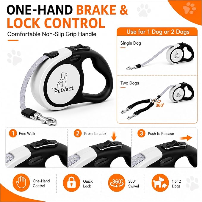 Dual Retractable Dog Leash,10 FT Tangle-Free Leash for 2 Dogs, Detachable for Single Use,One-Button Brake & Lock, Up to 44 lbs Each, 360° Swivel, Non-Slip Handle + Poop Bag Holder (Grey) - Image 6