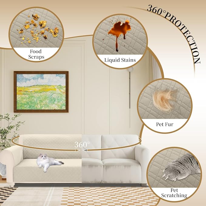 Velvet 100% Waterproof Couch Cover for Dogs Washable Sofa Covers for 3 Cushion Couch Pet Friendly Sofa Slipcovers Set Non Slip Quilted Furniture Protector with Pockets (Large, Beige) - Image 5