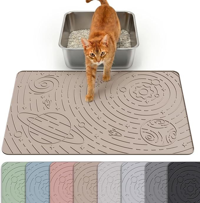 Cat Litter Mat Medium 23.6x15.7in, Beige Silicone Rubber Scatter Control Kitty Litter Box Trapping Mat, Waterproof Easy to Clean, Odorless Pet Supplies, Indoor Cat Essentials by OHMO