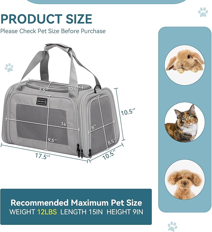 PETSFIT Cat Carrier, Grey, Small and Medium Cats Under 12 Lbs | Airline Approved, Soft Carrier, Soft Cat Travel Bag, Kitten Carrier with Extendable Mat - Image 5