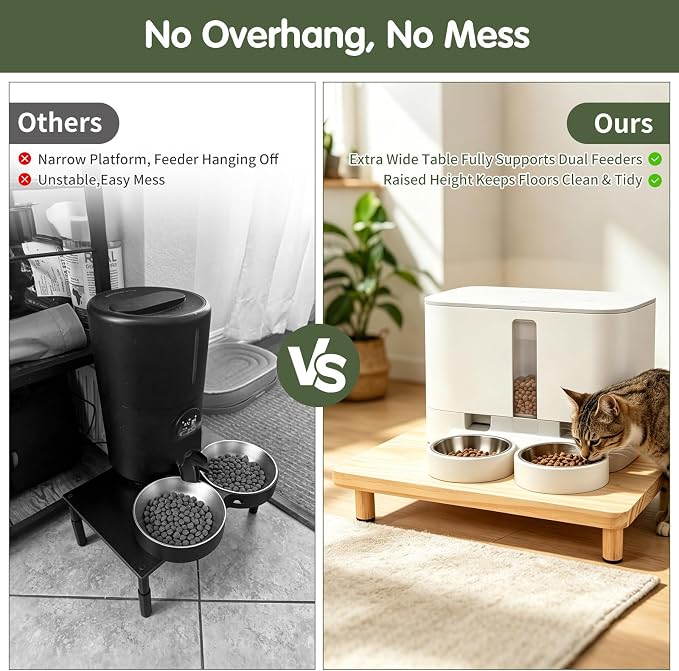 Extra Large Cat Food Stand, Wood Cat Feeder Stand 15.8 x 12.9 in | Cat Feeding Station, 2.56 in Raised Platform, Dual-Bowl Feeder & Water Dispenser Fit, Solid Wood, Tool-Free Assembly - Image 3