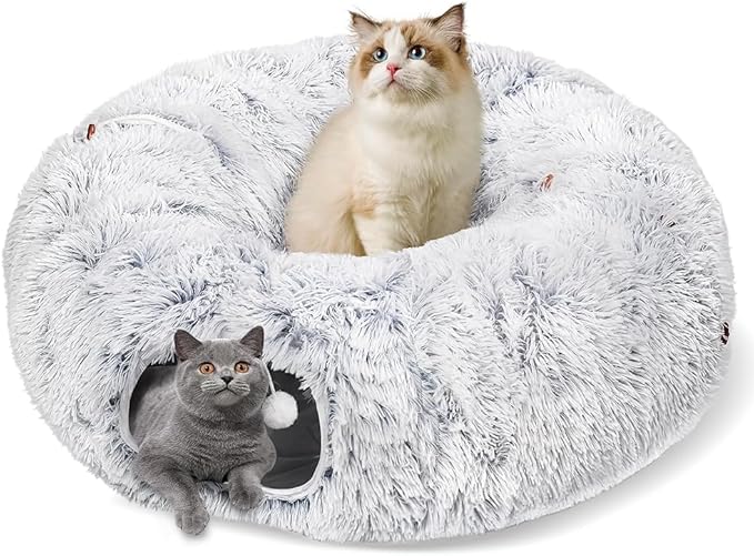 Baseola Fuzzy Cat Tunnel Bed for Indoor Cats, 2-in-1 Interactive Cat Toys | Peekaboo Cat Cave with Washable Mat, Collapsible Cat Play Tunnel for Kittens & Small Pets, Plush Cat Donut Bed Tunnel, Grey by Baseola