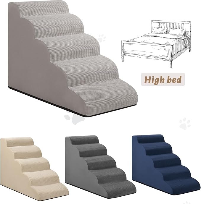 Aodisman Dog Stairs for High Bed,5-Step Pet Ramp for Small Dogs and Cats | 22.2" H Dog Steps for Bed with High-Density Foam, Help Olders,Short-Legged Dogs,Puppy and Cats Get on Beds Easily,Light Grey - Image 4