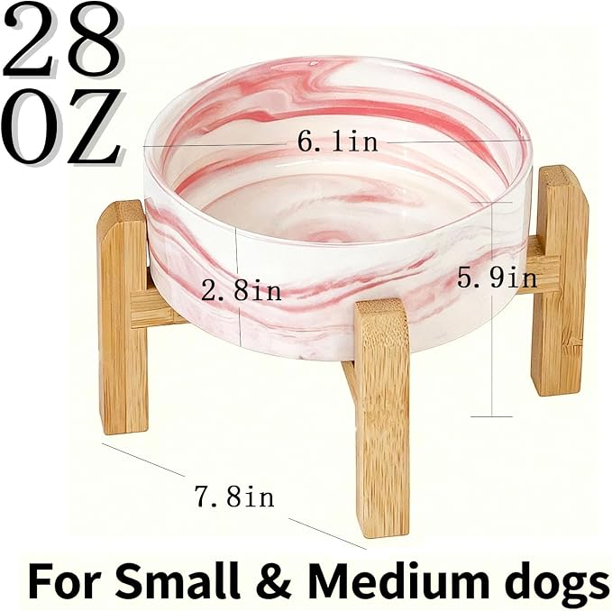 Elevated/Raised Ceramic Dog Bowl with Bamboo Stand,Marble Pattern 6 Inch 3.6 Cups Non Slip Heavy Weighted Single Pet Dish, for Small Medium Breed & Cats,Reduces Neck Strain Marble Pink - Image 3