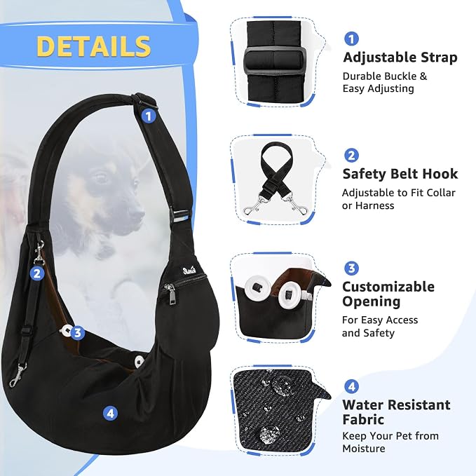 SlowTon Dog Carrier Sling - Thick Padded Shoulder Strap Adjustable, Black M | Dog Carriers for Small Dogs, Puppy Carrier Purse for Pet Cat with Front Zipper Pocket Safety Belt Machine Washable - Image 2