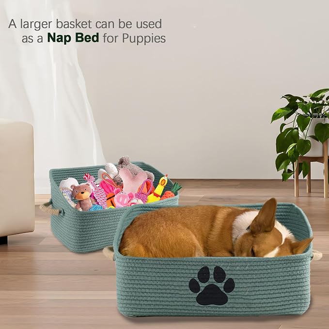 2 pack Woven Dog Toys Basket, 100% Cotton Rope Dog Toy Box for Living Room Area, Trapezoid Pet Toys Bin with Sturdy Handle, Puppy Bed, Green Baskets for Pet Toys/Collar/Leash/Blanket - Image 7