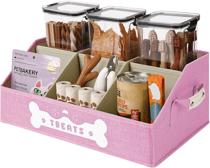 Dog Treat Container, Dogs Storage Organizer with Removable Dividers, Collapsible Dogs Treat Holder for Countertop, Trapezoid Pet Treats Containers, Dog Toy Basket with PU Handles, Medium, Pink by GreenPetopia