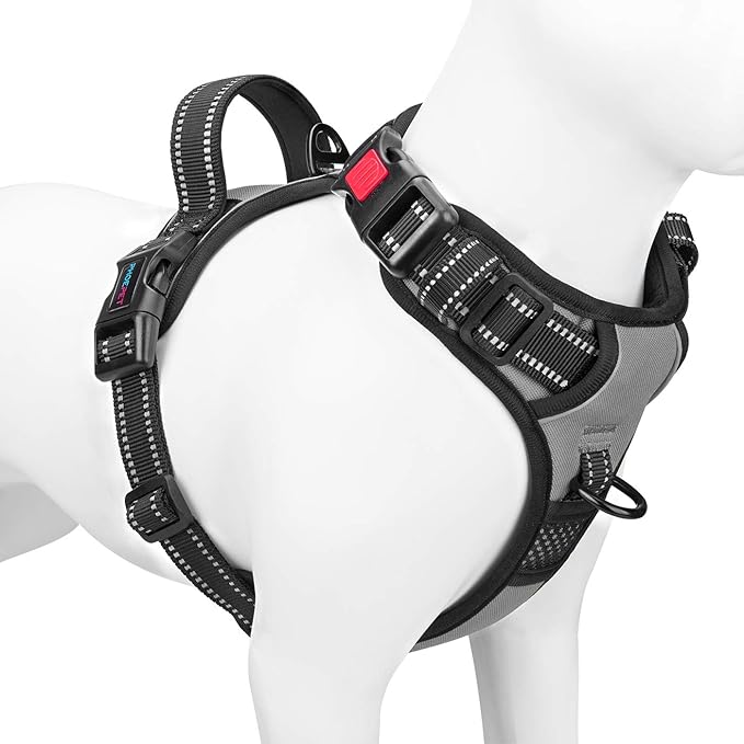 No Pull Dog Harness Medium Reflective Front Clip Vest with Handle | Adjustable 2 Metal Rings 3 Buckles,[Easy to Put on & Take Off](L, Grey) by PHOEPET