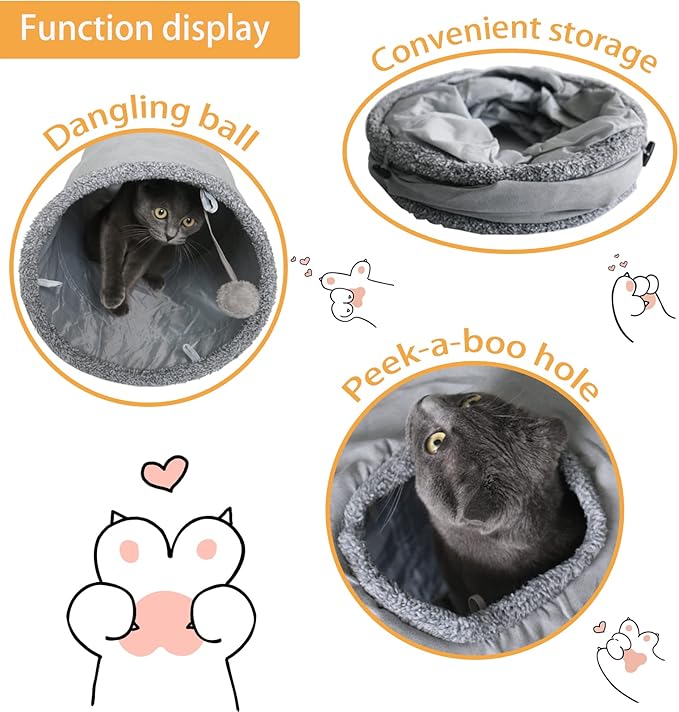 Cat Tunnel for Indoor Cats, 51×12 inch Foldable Big Cat Tunnel, Grey Suede Pet Tunnels with Two Peepholes and a Bubble Ball - Image 2