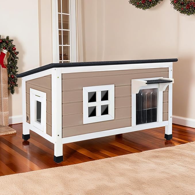 Wooden Heated Cat House for Outside Outdoor Cat House Weatherproof Insulated Feral Cat Shelter with Heater, Built-in Insulated Foam Panel, Elevated Base, Slanting Roof, Large 33.8*20.6*23.8 inches - Image 7