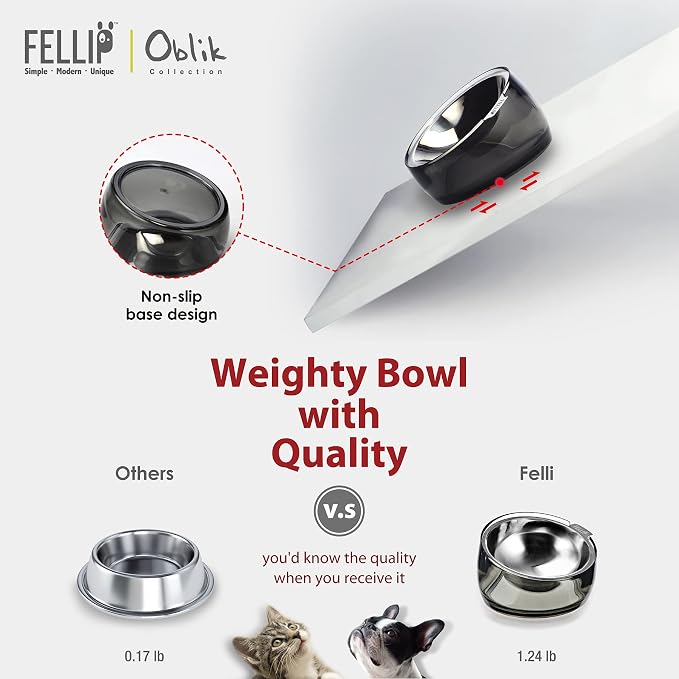 Felli Pet Oblik Acrylic Raised Dog Food Water Bowl Stainless Steel Slanted Oval Dish for Short Leg Puppy & Small Medium Pet, Elevated Tilted Metal Feeder (Smoky, 1.5 Cups Oval Dish) - Image 3