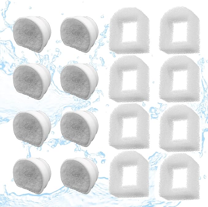 16 Pack Pet Fountain Replacement Filters, 8 Carbon and 8 Foam Pre-Filters | For Select Ceramic and Stainless Pet Fountains; Carbon Reduces Odors, Foam Catches Hair and Debris to Support Pump Care by Ukulork