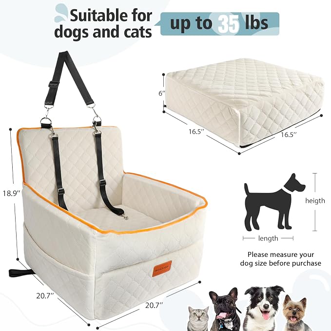 HEGGCOOE Dog Car Seat for Small Medium Dogs, Memory Foam Dog Booster Seats with Thick Cushion for Dogs Under 35lbs, Detachable Washable Pet Car Seat Travel Bed with Storage Pockets,2 Safety Belt - Image 3