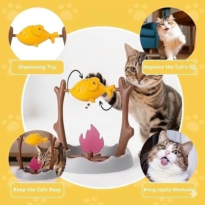 Cat Slow Feeder, Interactive Cat Puzzle Toy Treat Dispenser - BBQ Campfire Grill Design, Adjustable Rotating Fish Flame Mental Stimulation Food Dispensing Toy for Indoor Cats Kittens-Fat Fish - Image 5
