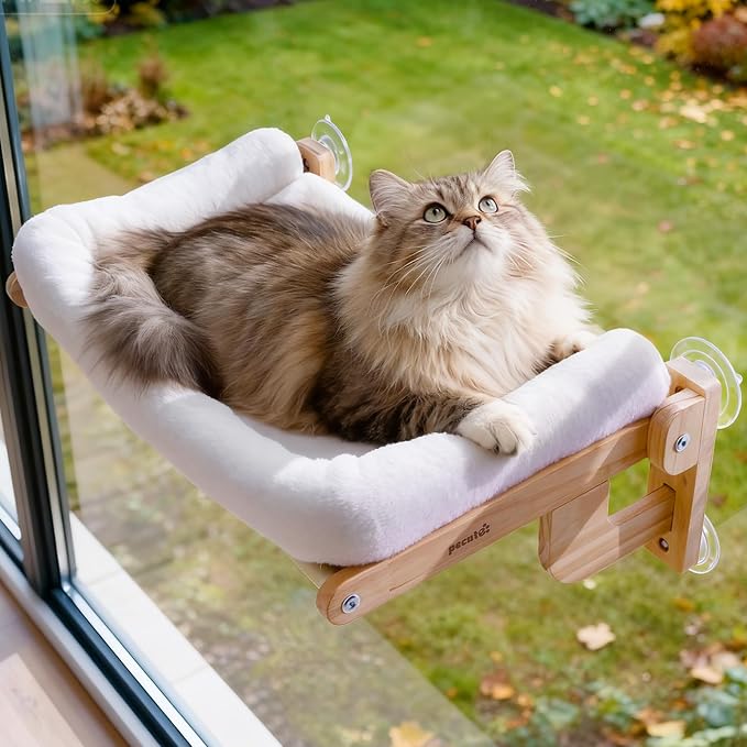 Pecute Foldable Cat Window Perch, Cloud-Soft Cat Bed with Wood Frame, 26" L | Solid Wood, Strong Suction Cup, Washable Cushion, Sided Bolster, Large Cat Hammock Indoor for Sunbathing, Bird Watching by pecute