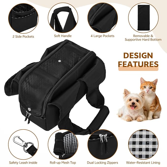 Dog Purse Carrier for Small Dogs and Cats, Soft-Sided Pet Tote Bag with 6 Large Pockets, Collapsible Travel Puppy Carrier with Small Cushion, Fits Pets up to 6 lbs (Black, 13.6" L x 6.6" W x 10" H) - Image 5