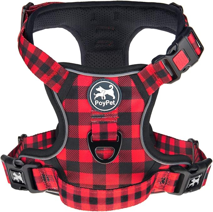 PoyPet Plaid Dog Harness Large, No Pull Vest with Front Clip & Neck Buckle | Padded Handle, Reflective, No Choke, Lockable, 2 Leash Rings, Full Adjustable, for Training Walking, L, Checkered Red by PoyPet