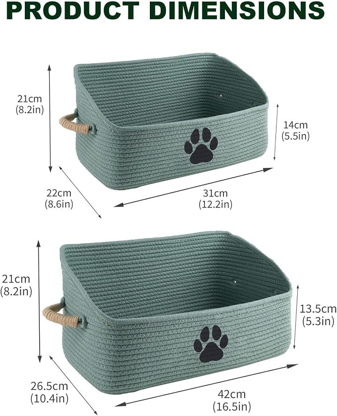 2 pack Woven Dog Toys Basket, 100% Cotton Rope Dog Toy Box for Living Room Area, Trapezoid Pet Toys Bin with Sturdy Handle, Puppy Bed, Green Baskets for Pet Toys/Collar/Leash/Blanket - Image 6