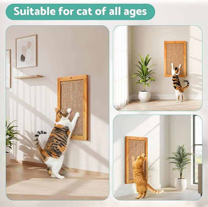 Cat Scratching Post, Wooden Sisal Cats Wall Scratcher, Floor or Wall Mounted Vertical Cat Scratch Pad for Indoor Cats Adults or Kittens, Scratching Board Cat Wall Furniture Protector - Image 5