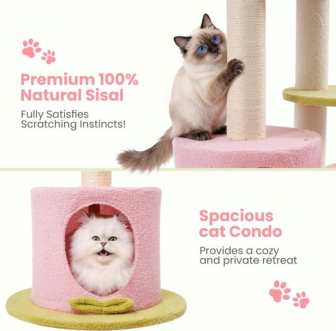 Max & Marlow 95-108" Floor to Ceiling Adjustable Cat Tree, Pink | 4 climbing platforms, sisal scratching post, Space Saving, Stable Tension Pole, Tower for indoor cats - Image 6