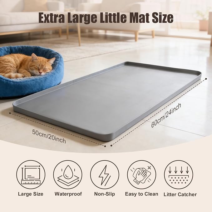 Silicone Cat Litter Mat 24x20 in Waterproof Litter Box Mat Leak-Proof Thick Under Kitty Litter Box Feeding Tray with Raised Edges for Floor Carpet, Grey - Image 3