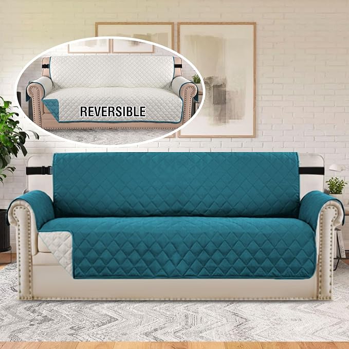H.VERSAILTEX Reversible Couch Cover Sofa Cover for 3 Cushion Couch Water Resistant Dog Couch Protector Furniture Covers for Pets Non Slip Sofa Couch Cover with Elastic Strap(Sofa, Dark Teal/Beige) - Image 3