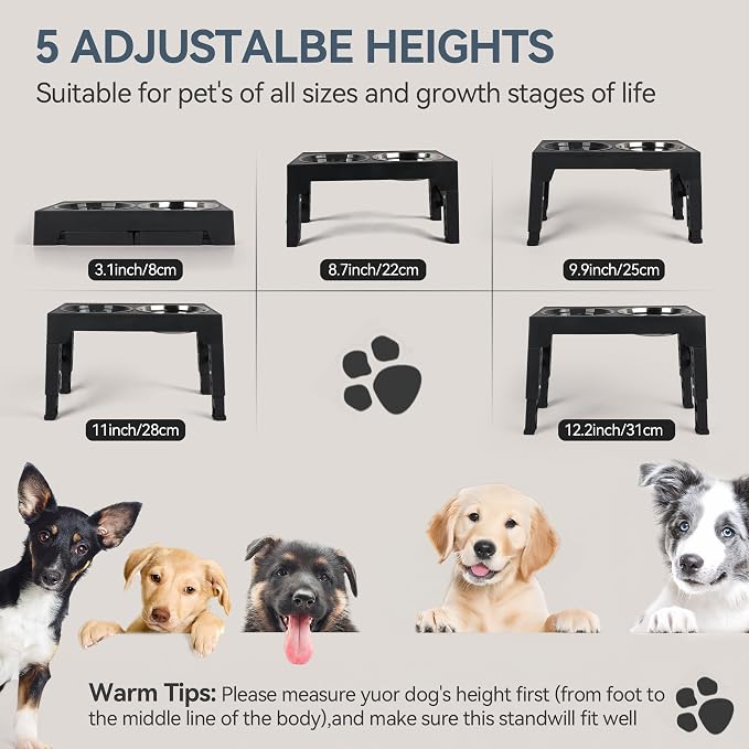 PAWISE Elevated Dog Bowls, 5 Height Adjustable Raised Dog Bowl Stand with 1 Slow Feeder Bowl & 2 Stainless Steel Bowls, Non-Slip Dog Feeding Station for Large, Medium, Small Dogs and Cats, Black - Image 2