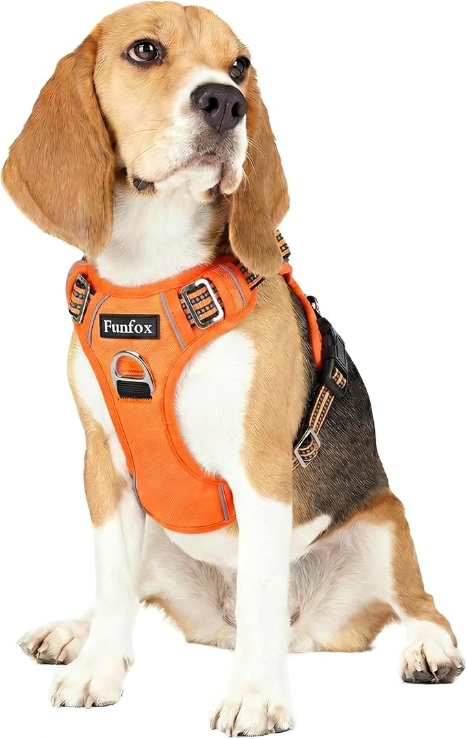 Dog Harness No Pull, Adjustable Pet Vest Harness, Super Soft Material with Vertical Handle Easy Control, Reflective Night Walking, 2 Leash Clips for Medium Sized Dogs, Orange, M by MyFUNFOX
