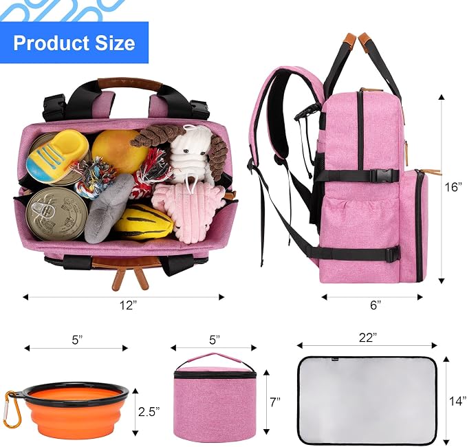Modoker Dog Travel Backpack Set with 2 Food Bags, 2 Bowls and 1 Mat, Pink | Water-Resistant Oxford Fabric | Roomy Main Compartment | Multiple Functional Pockets | Stroller Strap | Leak-Resistant Lining - Image 4