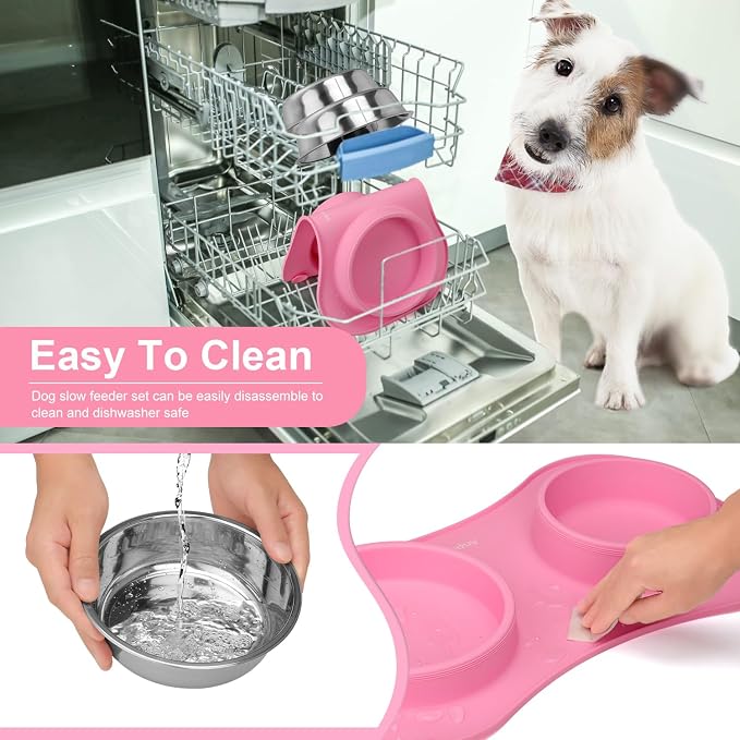 Slow Feeder Dog Bowls 3 in 1 Stainless Steel Food Water Bowl to Slow Eating | Durable, Non-spill & Non-skid with Silicone Mat Design, Slow Down Eating, Suitable for Small Medium Large Dogs and Cats - Image 6