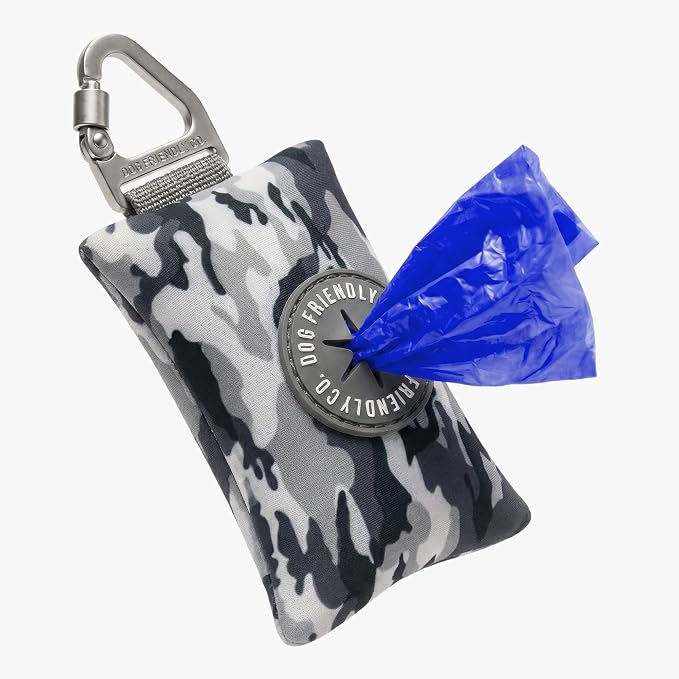 Dog Friendly Co. Poop Bag Holder for Leash, Dog Waste Bag (Grey Camo) | One Click Clip Potty Carrier Dispenser, Pet Trash Bags, Neoprene Fabric for All Weather Conditions, Stylish Walking Accessory by DogFriendly
