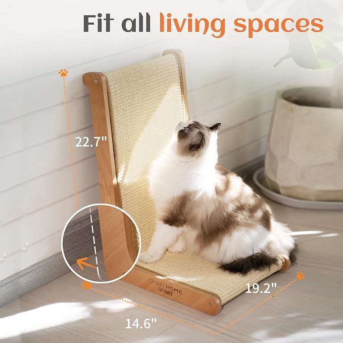 L-Shape Vertical Sisal Cat Scratcher, Solid Wooden(Large) | Natural Texture Satisfies Scratching Urge. Stable Tip-Resistant Base. Modern Furniture Look. Ideal For Indoor Active Cats - Image 3