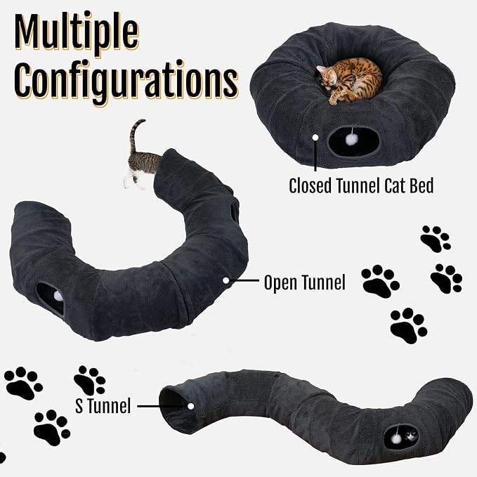Cat Tunnel Bed with 2 Catnip Fish Toys (1000mg Natural Catnip) Interactive Cat Toys, Cat Tubewith Kitten Toys for Indoor Kittens, Collapsible Play Tunnel, Dark Grey - Image 4