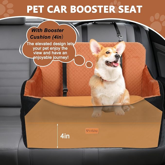 Vivifying Dog Car Seat for Back Seat, Booster Travel Bed for Medium Large Dogs or 2 Small Dogs, 4" Raised Foam Cushion, Safety Leash & Washable Cover, Soft Dog Booster Seat for Cars, Trucks & SUVs - Image 2