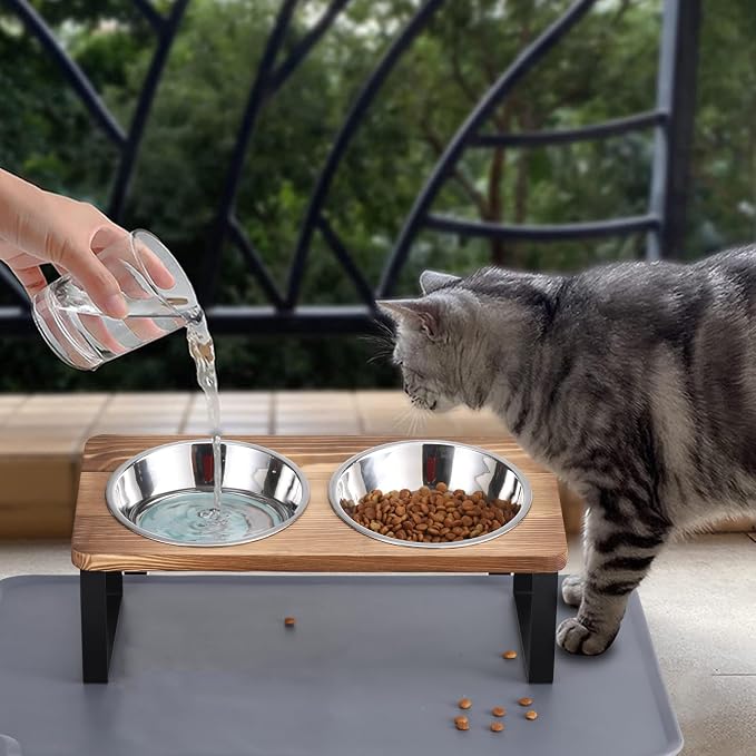 Upgraded Elevated Cat Bowls with Food Mat,15°Tilted Stand Anti Vomiting Raised Cat Dishes for Food and Water,2 Stainless Steel Bowls for Cats and Puppy（Rustic Brown） - Image 7