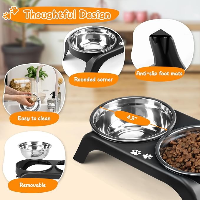 Elevated Dog Bowls for Small Dogs, 3” High Raised Dog Bowl Stand with Dual 5” Stainless Steel Bowls Non-Slip Pet Feeder for Puppy and Cats, Dishwasher Safe, Black - Image 2