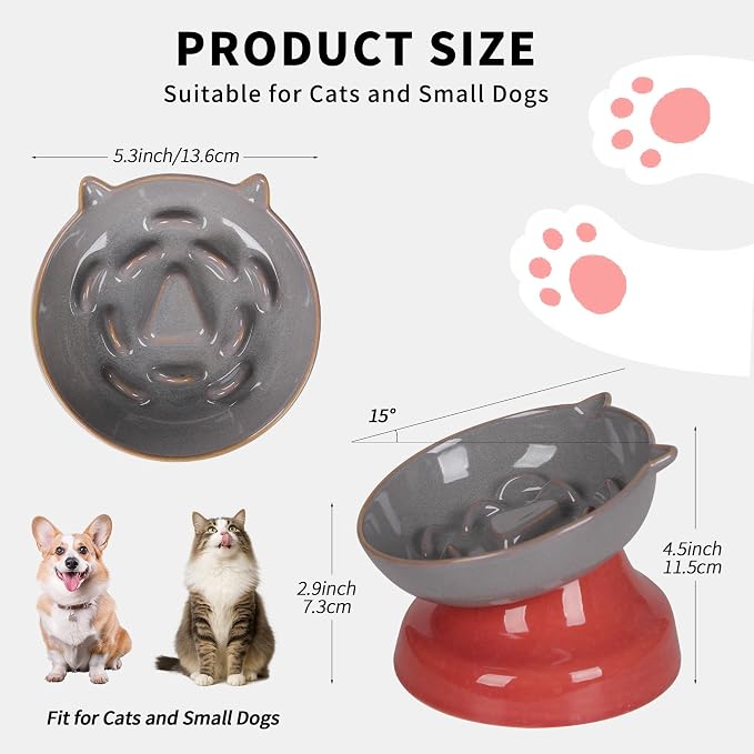 Ceramic Slow Feeder Cat Bowl, 15-Degree Tilted Non-Slip | Food-Grade Ceramic For Indoor Cats, 5.3 In Shallow Bowl, Whisker-Friendly, Dry And Wet Food, Dishwasher Safe - Image 2