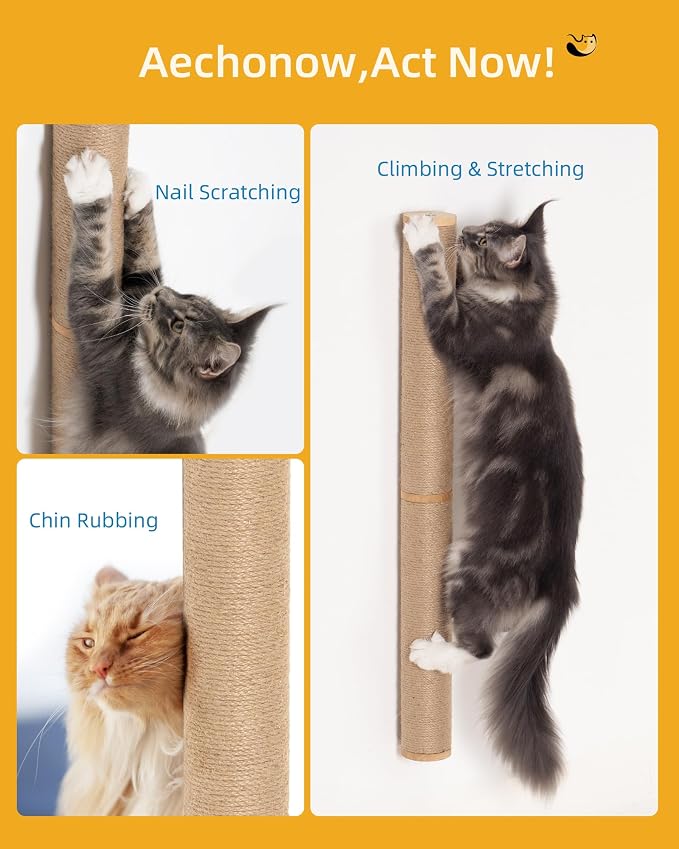 Aechonow 68" Wall Mounted Cat Scratcher,2Pcs of 34in Sisal Scratching Posts | Wood Cat Wall Scratcher,Cat Wall Furniture for Indoor Cats,Cat Wall Climber, Natural Sisal,Tall & Sturdy Corner Climbing Pole - Image 5