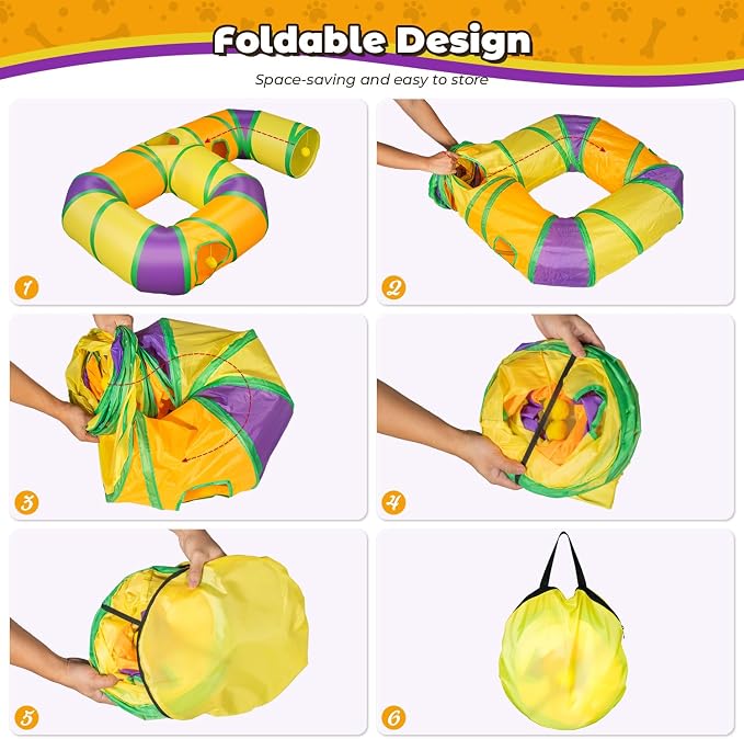 Cat Tunnel for Indoor Cats 6-Shaped, Collapsible Cat Playhouse Pet Play Tunnel Tube Maze with Hanging Pom-Poms and Interactive Hole for Kitten, Kitty, Puppy, Rabbits, Ferret, Guinea Pig - Image 5