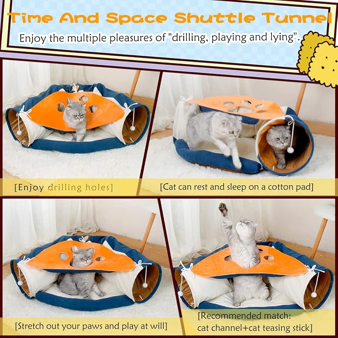 LEFTSTARER 2-in-1 Collapsible Cat Tunnel for Indoor Bed and Hideout - Pet Dog Rabbit Bunny Ferret Tunnel Tubes Toys with Removable Washable Mat, Tower Wheel Stuff - Image 2