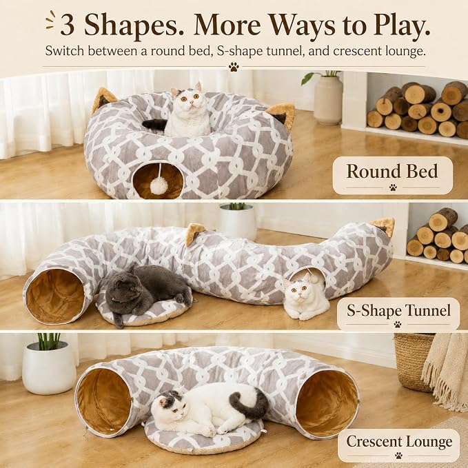 Large Cat Tunnel Bed Under Christmas Tree with Fluffy Toy Balls, Small Cushion and Flexible Design- 10 inch Diameter, 3 ft Length- Great for Cats, and Small Dogs, Gray Geometric Figure - Image 3