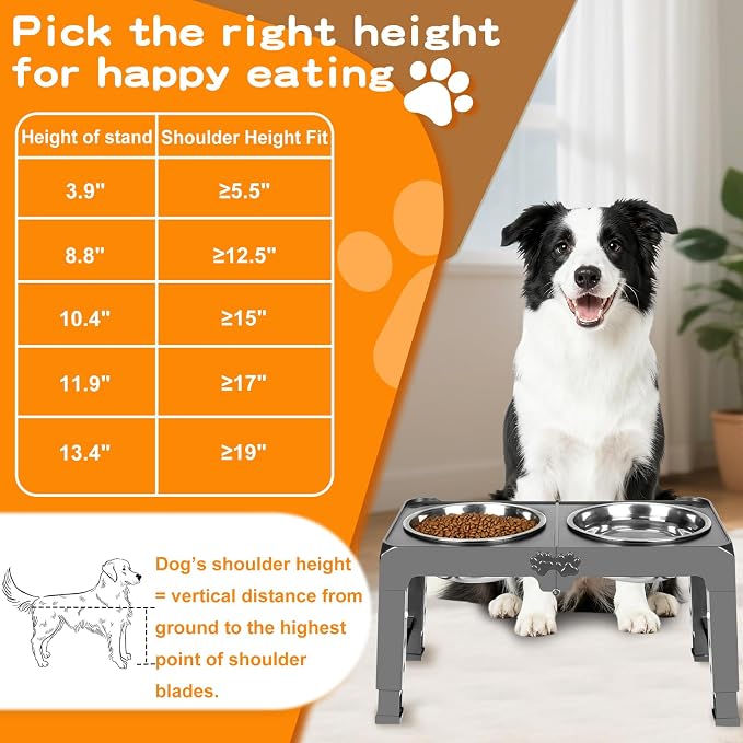 COMESOON Elevated Dog Bowls, 5 Adjustable Heights (3.9"-13.4") Raised Dogs Food Bowl Stand for Medium Large Sized Dogs, Non-Slip Foldable Travel Pet Feeder Grey with Stainless Steel Bowls - Image 4
