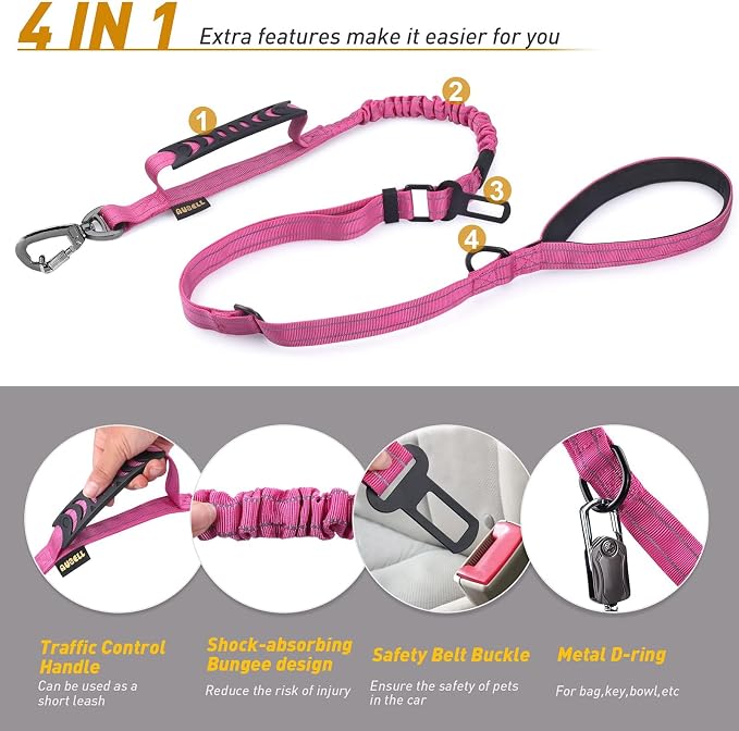 AUBELL Tactical Dog Leash Heavy Duty,4-6ft No Pull Bungee Leash,Pink | Reflective Dog Leash for Medium Large Dogs with Comfortable Padded Double Handle,Car Seat Belt,360 Degree Rotating Carabiner - Image 4