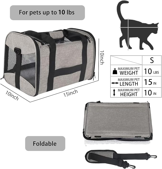 Small Animals Cat Carrying Case Pet Carrier Airline Approved, Protable and Breathable Pet Travel Carrier Removable Fleece Pad Collapsible Cat Carrier Dog Carrier Small Cats Dogs(15 * 10 * 10) - Image 2