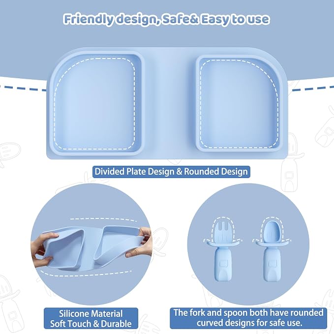Blue Silicone Foldable Feeding Set, Travel Baby Feeding Supplies Including Toddler Plates, Silicone Baby Spoon&Fork, Adjustable Foldable Bib, Portable Infant Toddler Utensils - Image 4