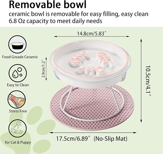 Raised Cat Dog Slow Feeder Bowl with Stand, Cat Slow Bowl for Wet Food and Dry Food, Stop Vomit and Choking, Slow Down Eating Speed, Ceramic Elevated Slow Cat Bowls, Whisker Friendly Pet Puzzle Feeder - Image 2