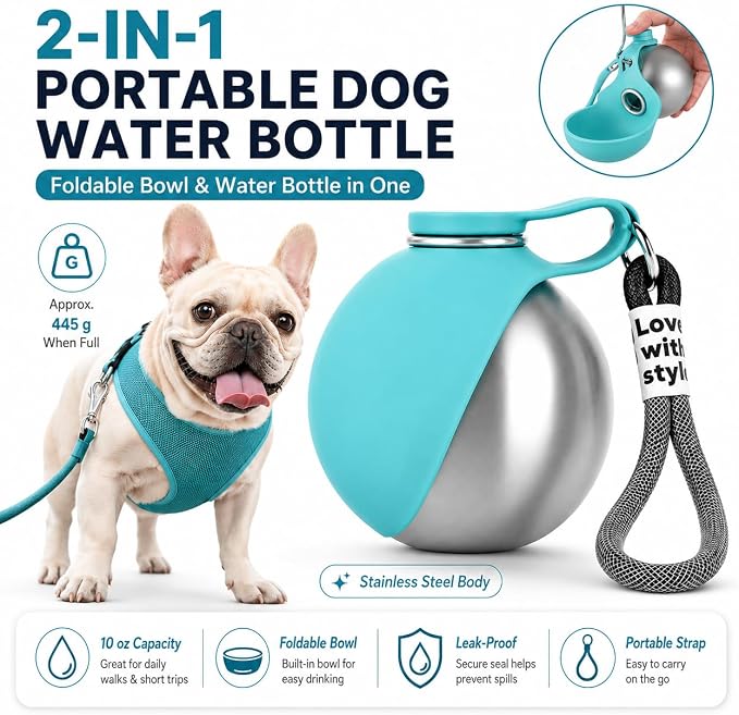 Portable Pet Dog Water Bottle with Silicone Collapsible Bowl, 10 oz Blue | Stainless Steel Pet Travel Dispenser with Rope | Dogs on Walks Hiking Accessories | Puppy Small Pets Essentials - Image 2