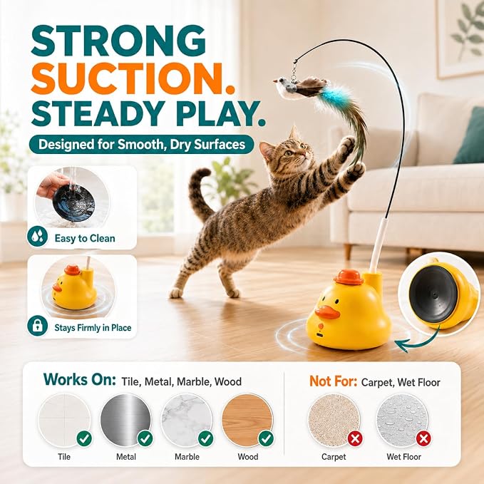 YWK Interactive Cat Toys for Indoor Cats, 360° Automatic Flying Bird Wand, Bird Sound & 2 Speeds, Touch Restart, USB-C Rechargeable Self-Play Toy with Suction Base, Bird & Feather Attachments - Image 8